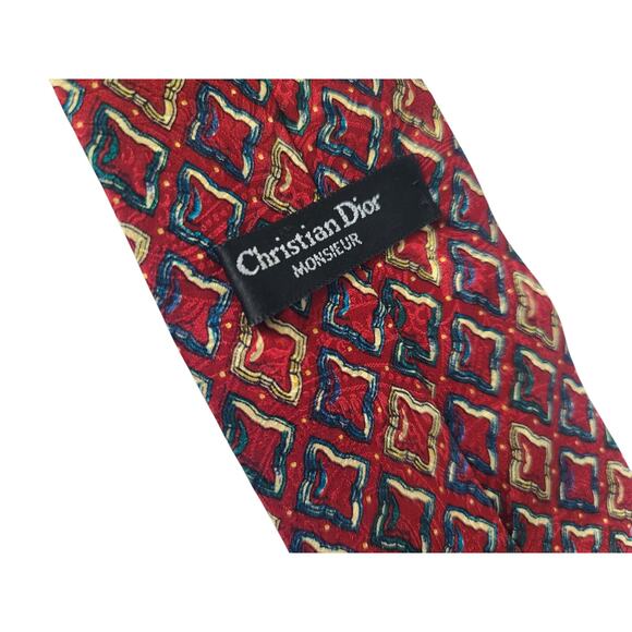 Vintage Christian Dior Designer Red Geometric 100% Silk Mens Tie - Picture 6 of 6